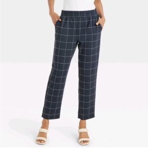 Women’s A New Day Navy Blue Windowpane Plaid Pants Pull On Elastic Waist Size S